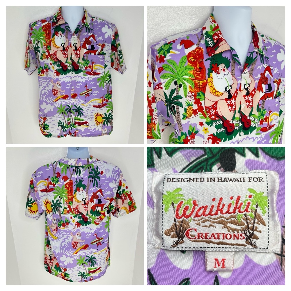Waikiki Creations Santa Surfing Shirt Medium Ugly Christmas Hawaiian Aloha